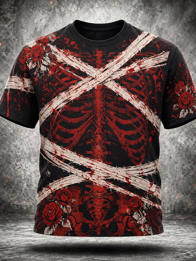 Men's Halloween Mummy Bandage Bloodsplatter Red Rose Skull Print Short-sleeve T-shirt