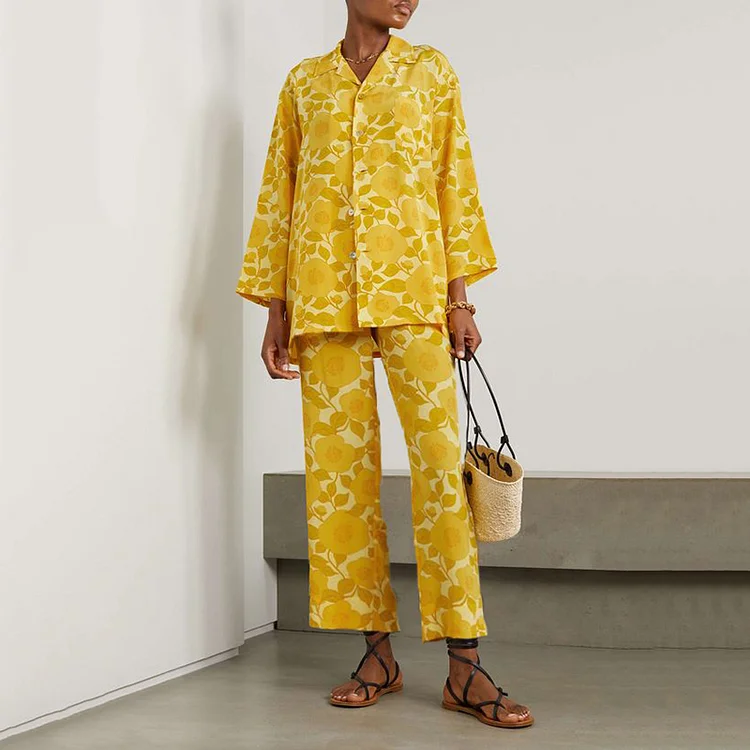 Causal Floral Print Long Sleeve Two Piece Set
