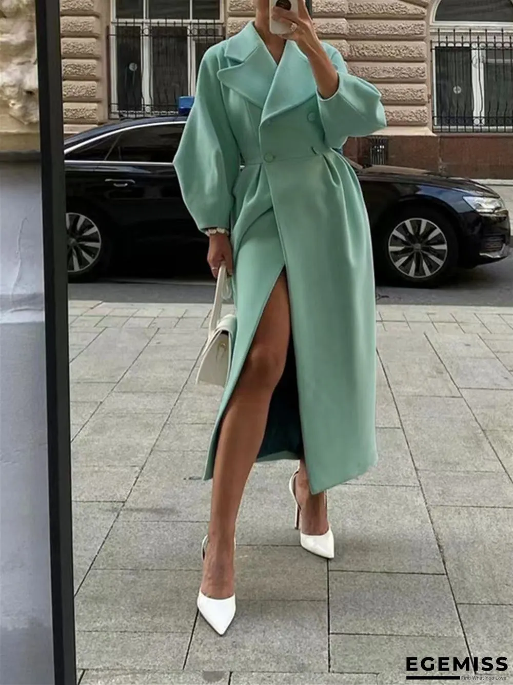 Vintage Lantern Sleeves Solid Color Lapel Long Coat | EGEMISS