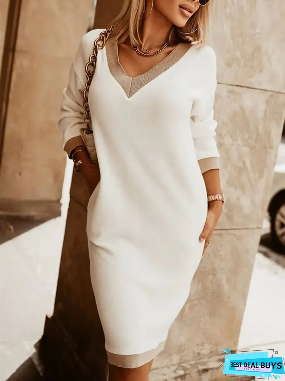 Long Sleeve V-Neck Commuting High Waist Dress