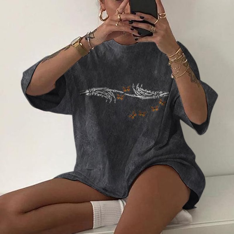   Skull-hand Skeleton butterfly print lady T-shirt  - Neojana