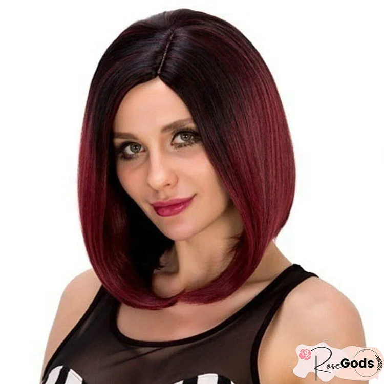 Women's Wig Black Gradient Wine Red Split Bangs Short Straight Hair Wave Head