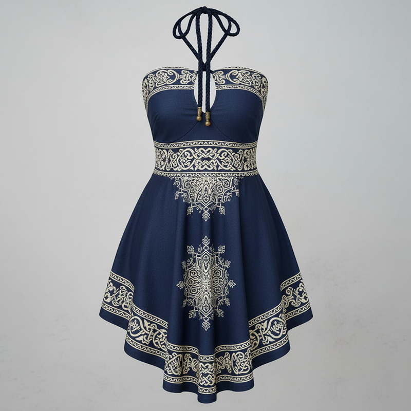 Women's Fashion: Navy Blue Halter-Neck Strapless Dress With Religious/Norse Mythology Print