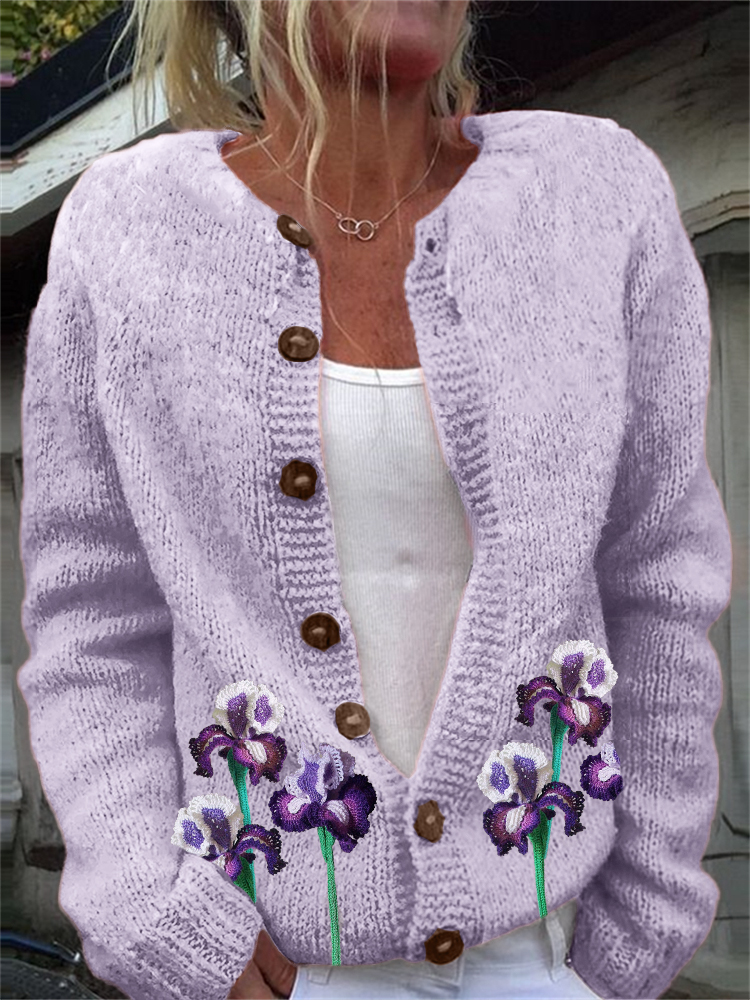 Classy Purple Irises Crochet Cozy Cardigan wearshes