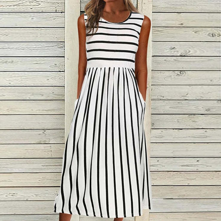 Mature Women Summer Striped Printed Round Neck Sleeveless Pocket Dress