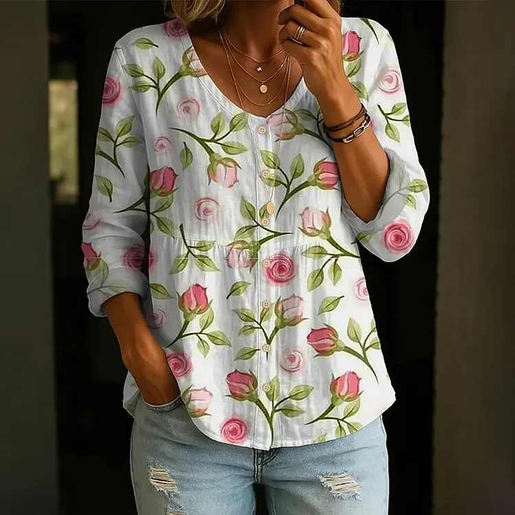 Women's Roses Art Casual Linen Blend  Shirt