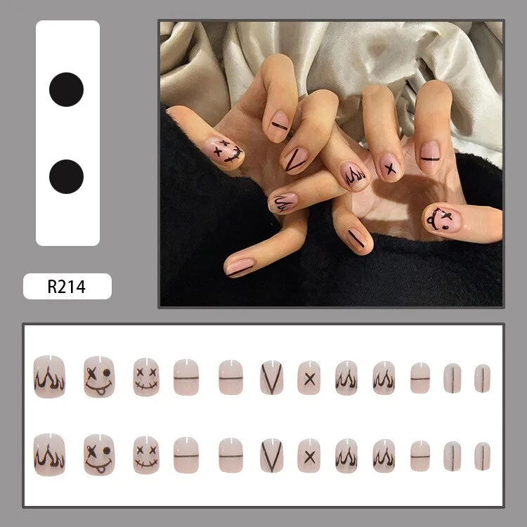 24pcs Black Lines Printed Nail Patch Glue Type Removable Short Paragraph Fashion Manicure False Nail Patch Ty