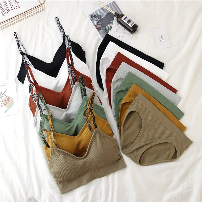 Sexy women's bra underwear set push-ups sports bra set letter transparent strap active bra female underwear set top fitness unde