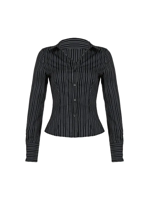 Brownm Vintage Stripe V Neck Slim Fit Long Sleeve Shirt