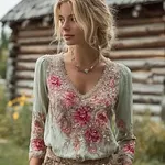 Bohemian Retro Plant And Flower Pattern Casual Cotton And Linen Long-sleeve Top - Image 2