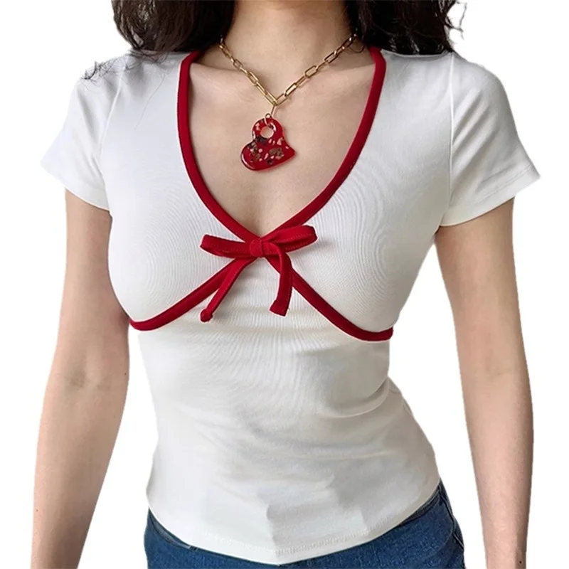Uveng Uveng French Bow Patchwork Color Top Female Girl Slim Short V-Neck Short-Sleeved T-Shirt