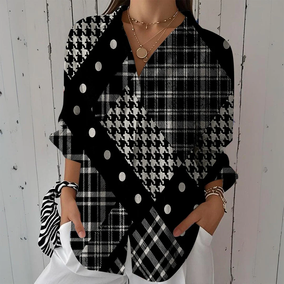 Style & Comfort for Mature Women Women Checked,Polka-Dot,Black DZCL0317 3/4 Sleeve Shirt Collar Printed Button Tops