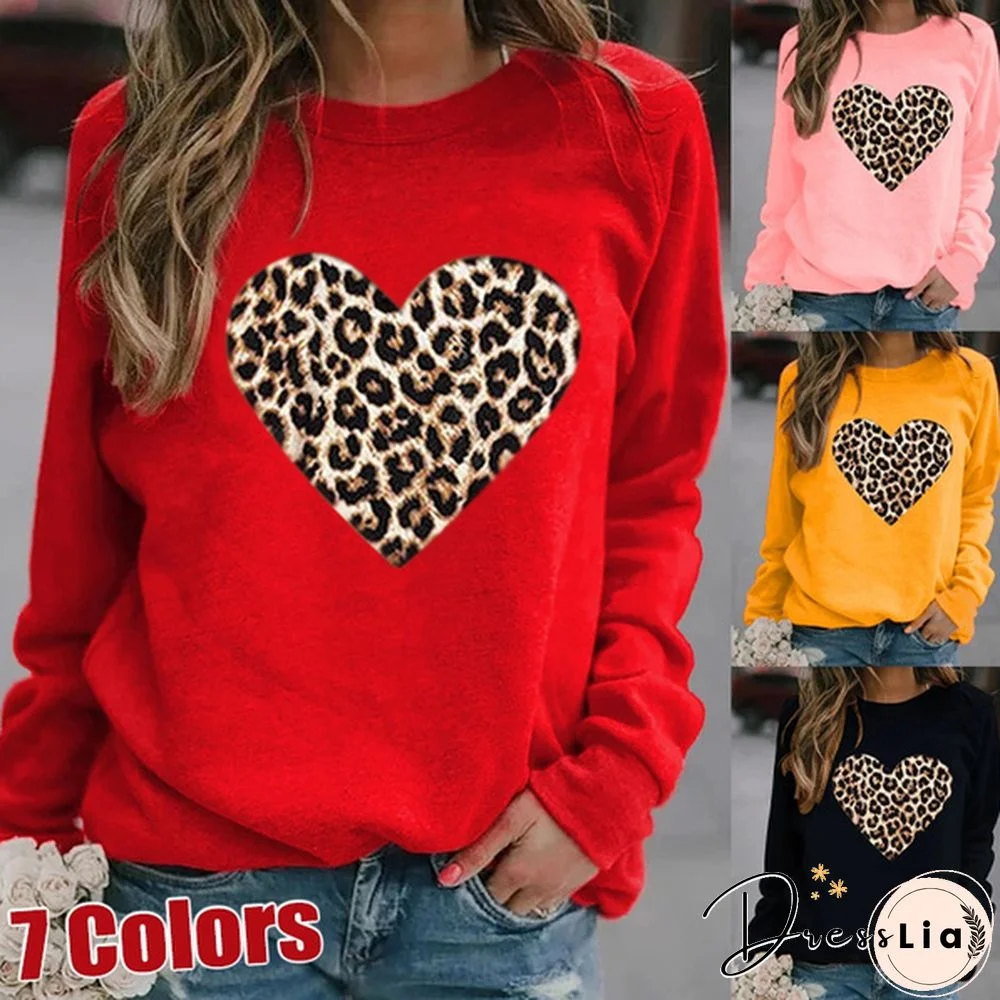 Winter Warm Women’s Fashion Long Sleeve Hoodies Casual Tops Round Neck Leopard Print Loose Pullover Sweatshirts