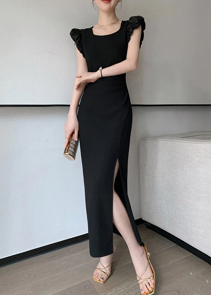 Slim Fit Black Square Collar Side Open Cotton Long Dresses Summer