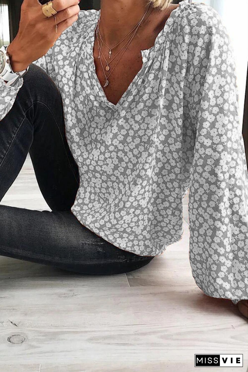 Bohemian V-Neck Floral Print Blouse