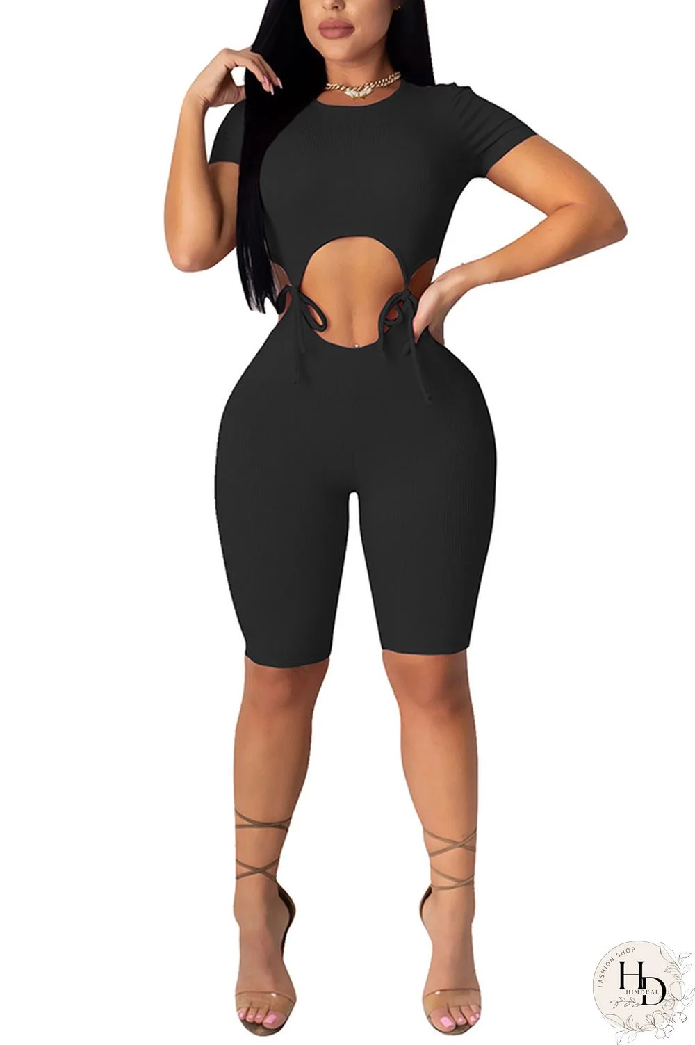 Black Fashion Sexy Patchwork bandage Hollow Solid Polyester Short Sleeve O Neck Jumpsuits
