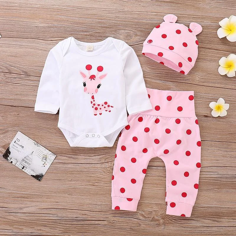 3PCS Giraffe Print Romper Polka Dot Pant With Hat