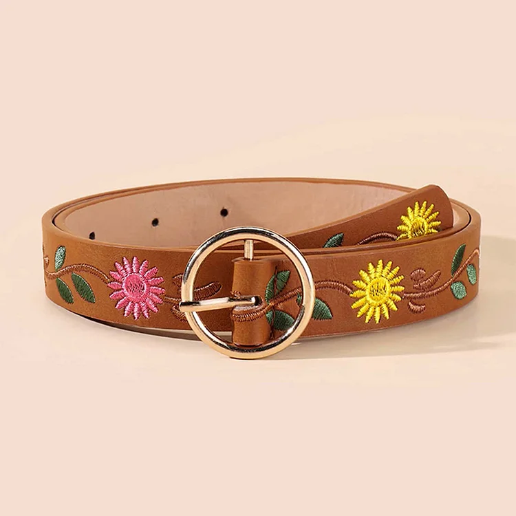 Ethnic Floral Leaf Pattern Embroidered Buckle Belt