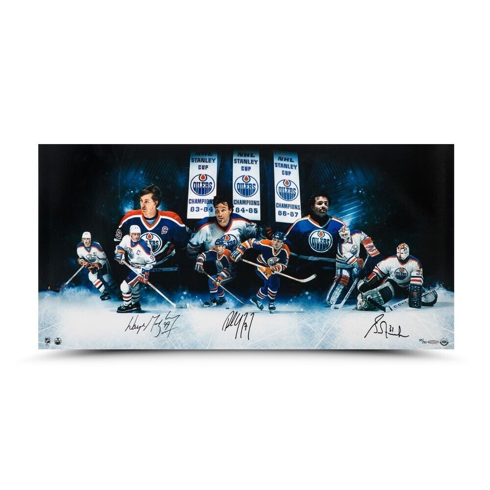 Wayne Gretzky Coffey Fuhr Autographed 18X36 Photo Poster painting Outstanding Oilers #/50 UDA