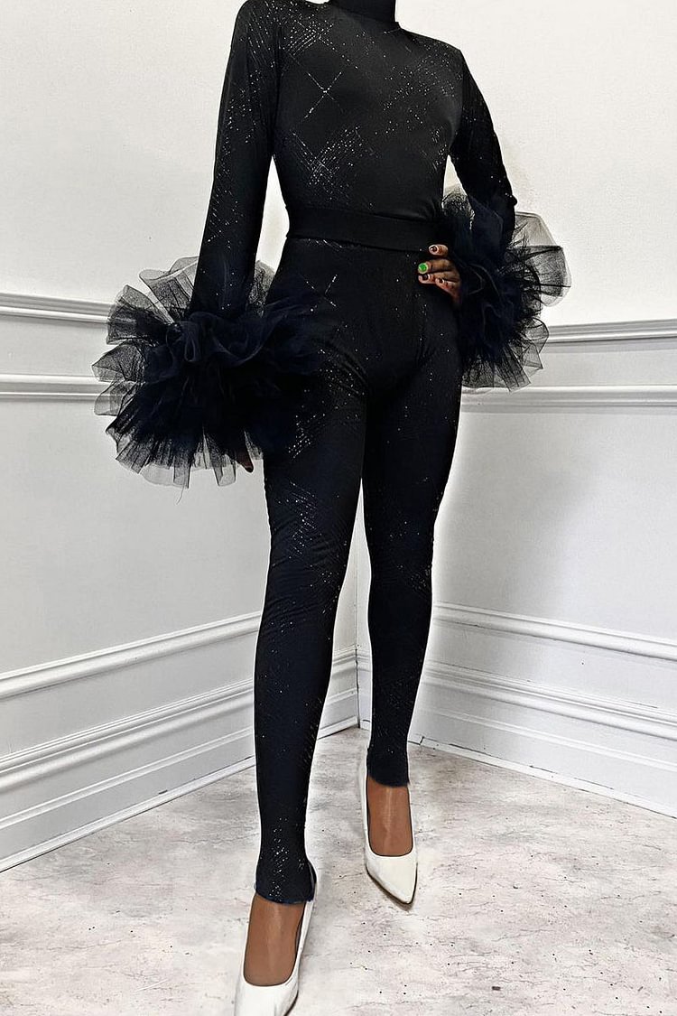 Tulle Cuffs Long Sleeve Sequin High Neck Jumpsuit [Pre-Order]