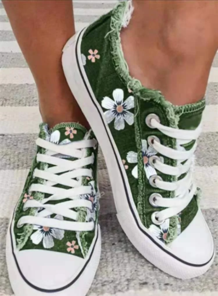 Qengg Women Shoes for Women 2022 Retro Floral Print Canva Shoes Female Fashion Student Spring Flat Lace-up Sneakers Casual Shoes Women