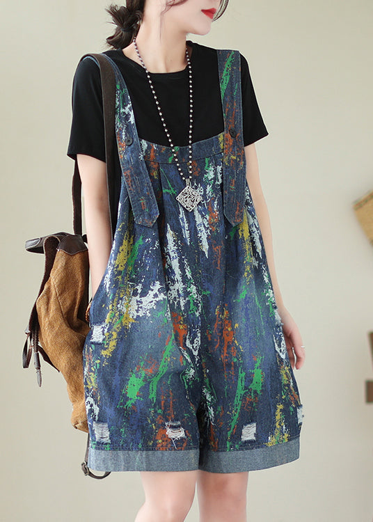 VCSHOES Blue Oversized Tie Dye Denim Jumpsuits Ripped Shorts Summer