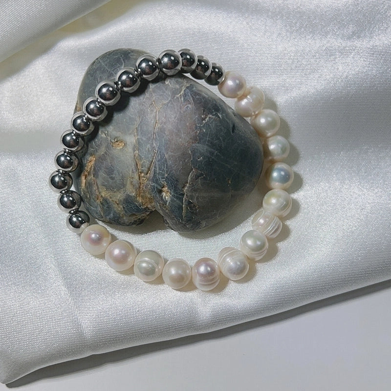 Elegant Color Block 304 Stainless Steel Freshwater Pearl Bracelets In Bulk