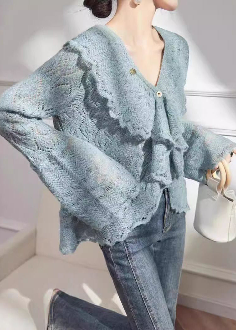 VCSHOES Blue Button Hollow Out Knit Cardigan Fall