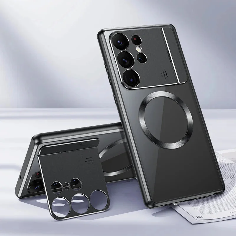 Luxus Aromatherapie 2-in-1 Metallrahmen mit Schloss Klappbare Linse Kickstand Magnetische Aufladung Transparente Handyhülle für Samsung