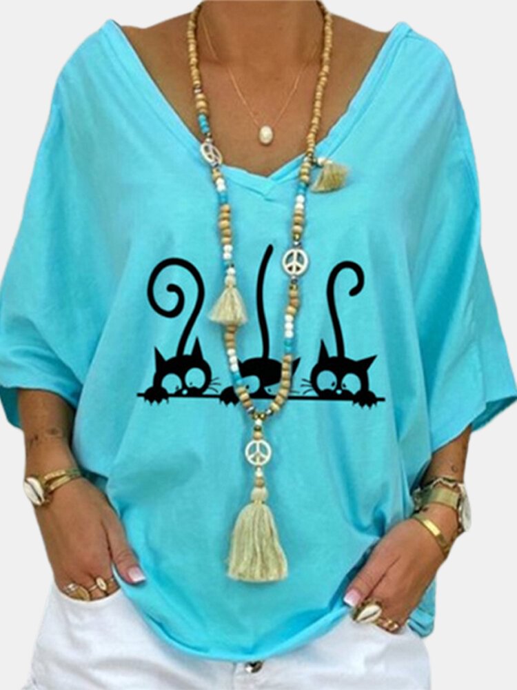 Flower Cat Print Half Sleeve V neck Casual T shirt For Women P1698521
