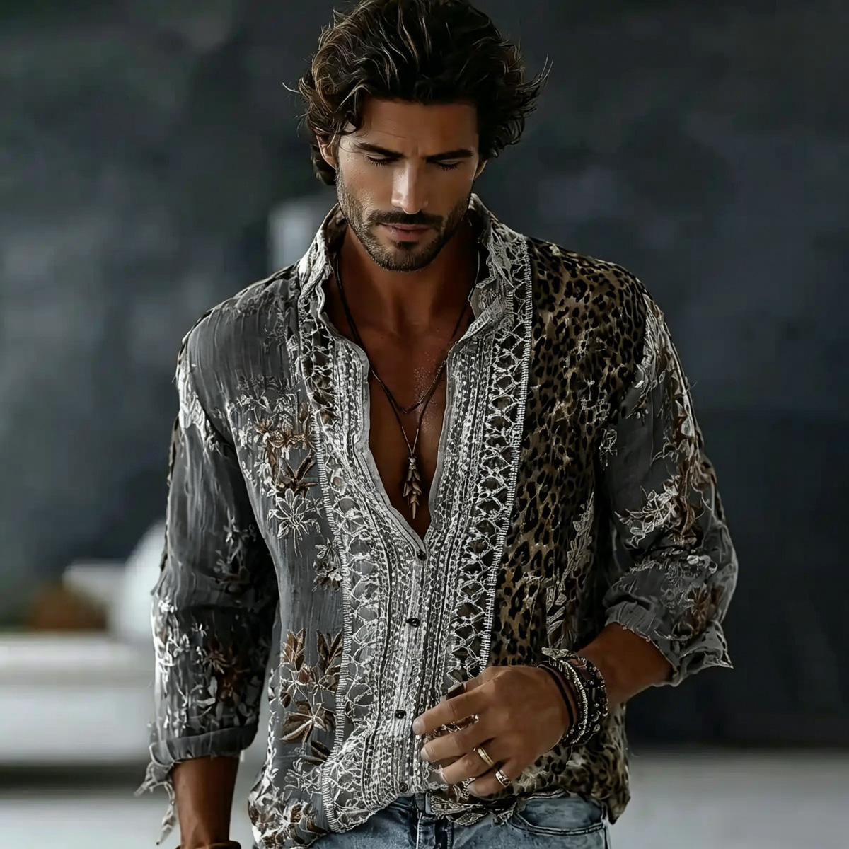Men's Vintage Spring Leopard And Floral Art Print Flowy Linen Blend Shirt  artssus