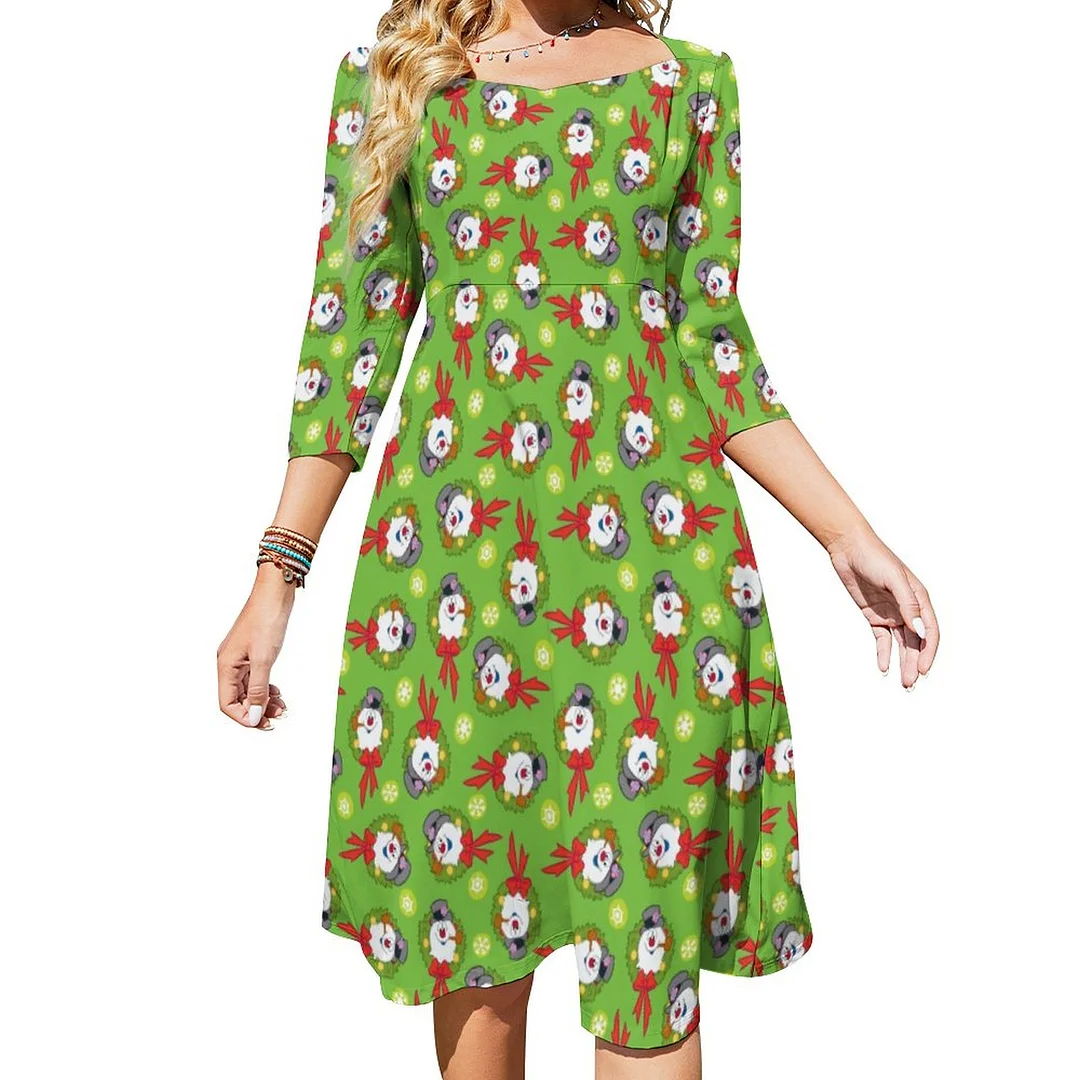 Frosty The Snowman Frosty Holiday Wreath Dress Sweetheart Tie Back Flared 3/4 Sleeve Midi Dresses