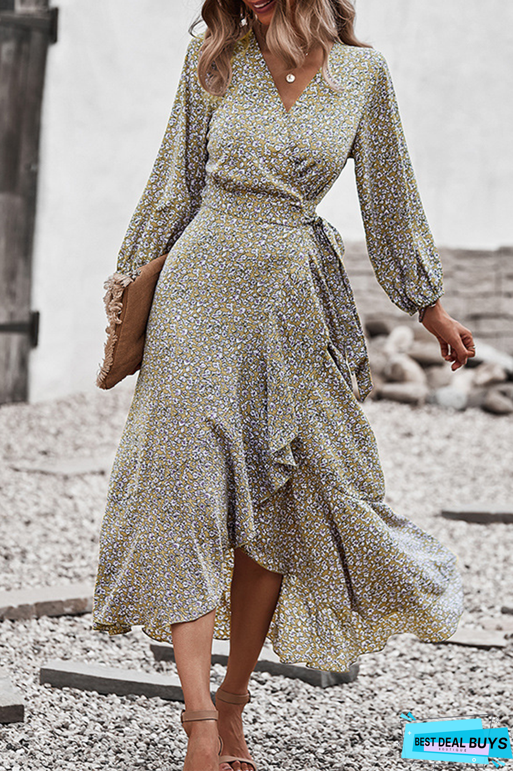 Elegant Floral Flounce Strap Design V Neck A Line Dresses(5 Colors)