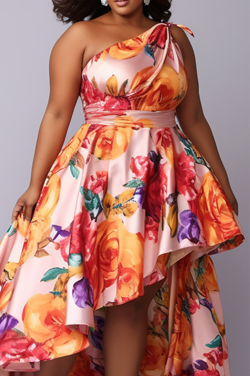 Design Plus Size Vacation Elegant Multicolor Floral Oblique Collar One Shoulder Asymmetric Hem Knitted Maxi Dresses [Pre-Order]