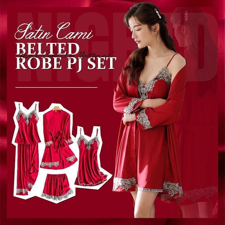 （Free Shopping）5 Pack Satin Cami Belted Robe PJ Set