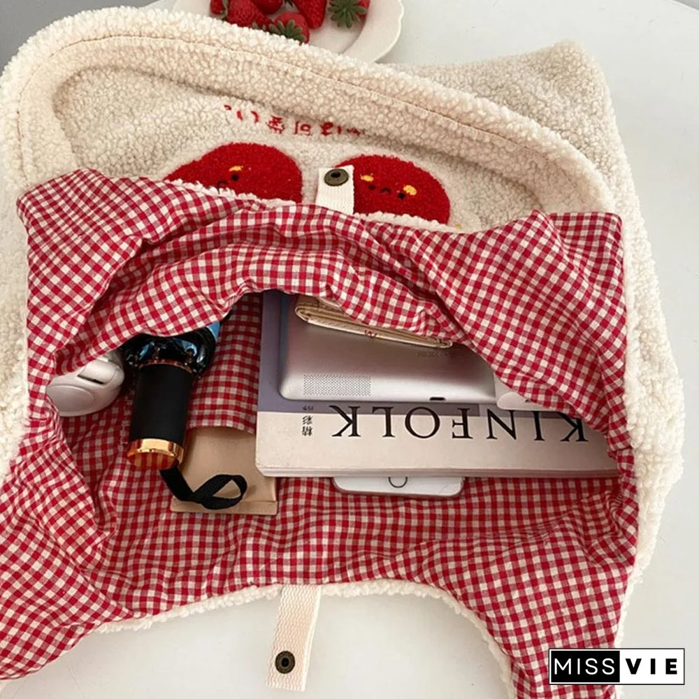 Sweet Cherry Embroidery Plush Tote Bag