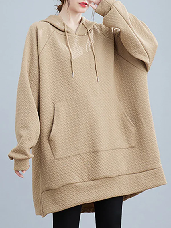 High-low Long Sleeves Buttoned Drawstring Pockets Solid Color Split-side Hooded Hoodies Tops