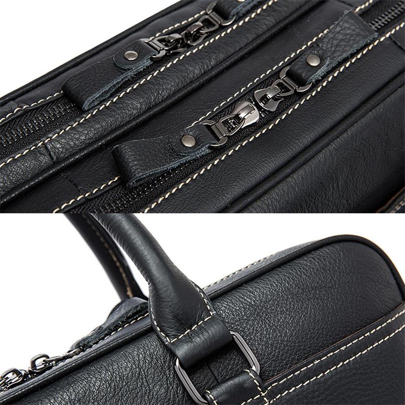 Fine Stitching Dual Top Handle Detachable Sling Strap Zip Top Genuine Leather Briefcase