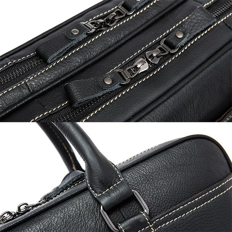 Fine Stitching Dual Top Handle Detachable Sling Strap Zip Top Genuine Leather Briefcase