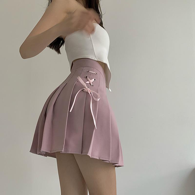 SIDE LACE-UP HIGH WAIST PLEATED SKIRT