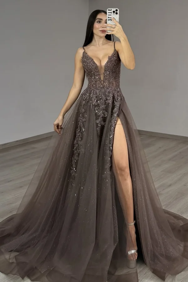 Miabel Chic Tulle Spaghetti Strap Applique Sleeveless Sequins Split Prom Dress   