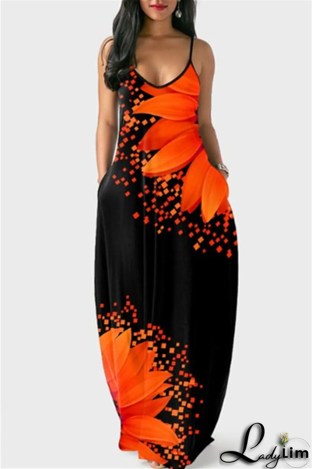 Yellow Fashion Sexy Print Backless Spaghetti Strap Long Dress
