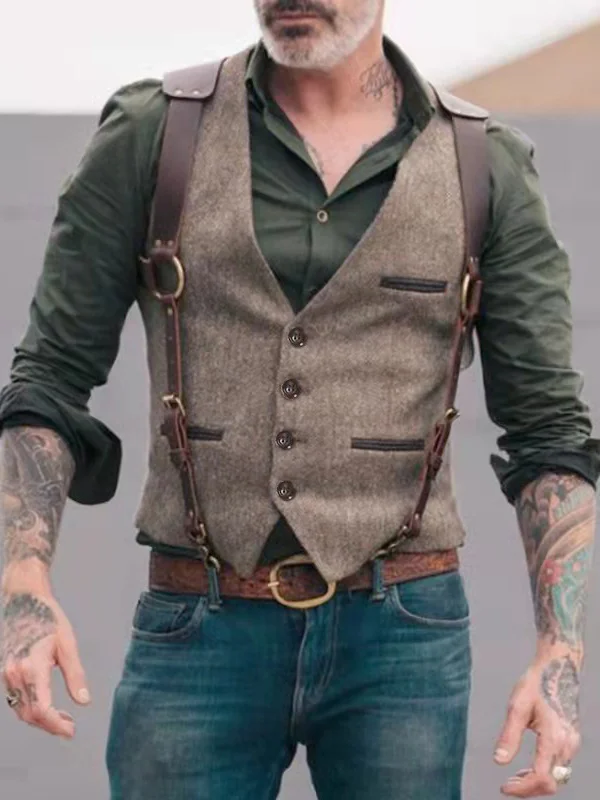 Men's Vintage Patchwork V Neck Single Breasted Slim Waistcoat