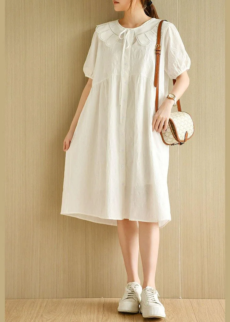 Beautiful White O-Neck Jacquard Summer Cotton Party Dresses Short Sleeve