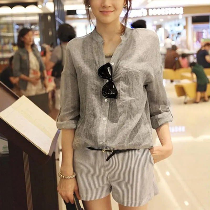 Brownm Fresh Loose Cotton Linen Three-quarter Temperament Commute Sleeve Collar Women's Shirt