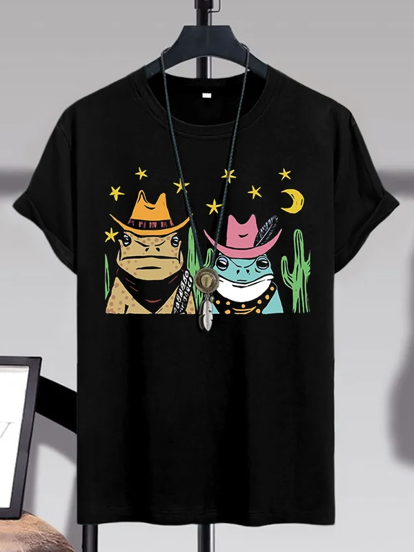 Men's Cowboy Frog Under The Stars Print Cotton Casual T-Shirt