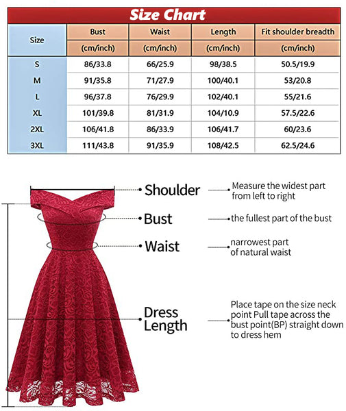 Size Chart Retro Vintage Floral Lace Cocktail Party Dress Off the Shoulder Bridesmaid Swing Dresses | Gardenwed