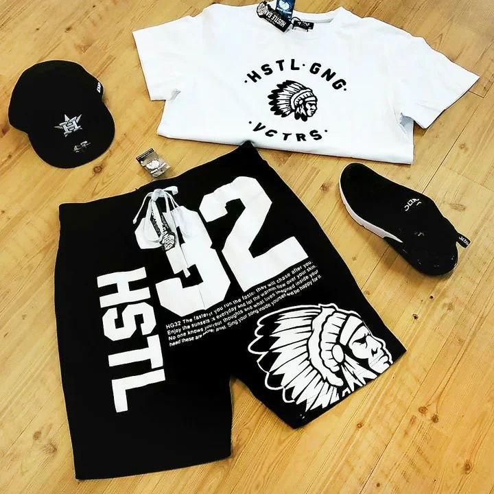 Black and white fashion casual hustle Gang printed short sleeve suit