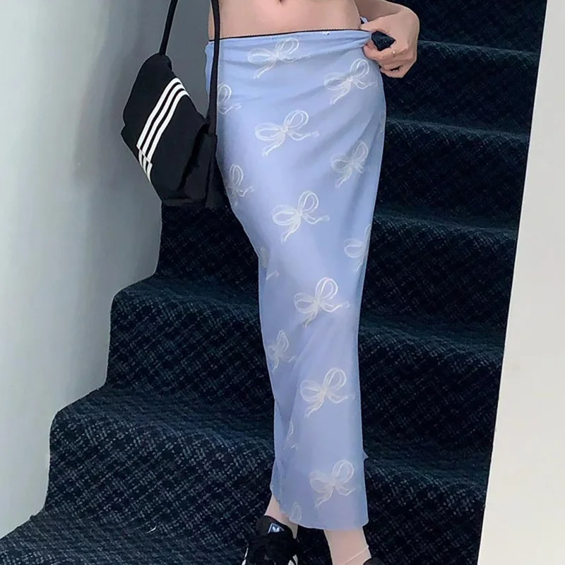 Woherb Woherb Casual Bowknot Gauze Print Skirt Women's New Low Purse Hip Straight Tube Skirt-Outfit Ideas