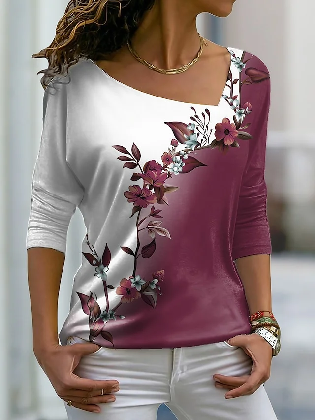 Women's Plus Size T shirt Tee Pink Blue Purple Graphic Floral Print Long Sleeve Casual Weekend Daily V Neck Regular Fit Floral Painting Fall & Winter